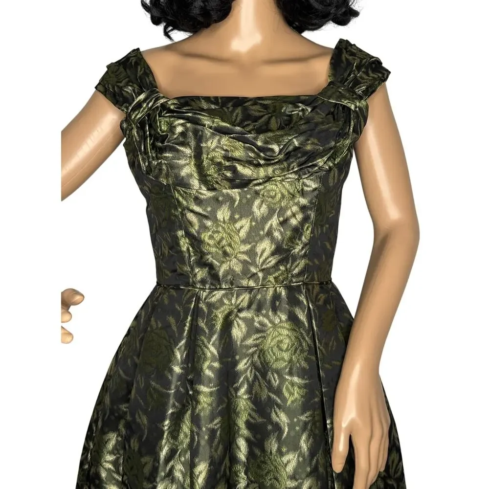 Vintage 1950s Olive Gold Brocade Cocktail Dress with Boned Bodice  XS